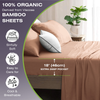Brown bamboo sheets on a bed with text highlighting features like '100% Organic' and 'Extra Deep Pocket'.
