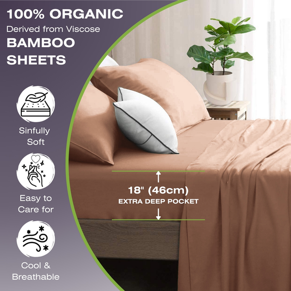 Brown bamboo sheets on a bed with text highlighting features like '100% Organic' and 'Extra Deep Pocket'.