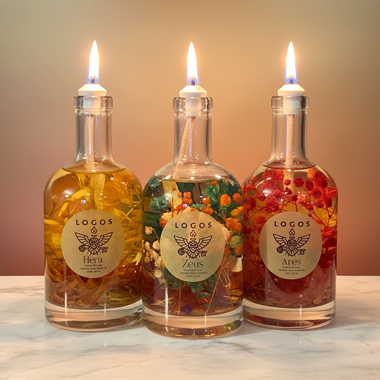 Three lit oil lamps made from glass bottles labeled 'Logos' with different gods on labels.