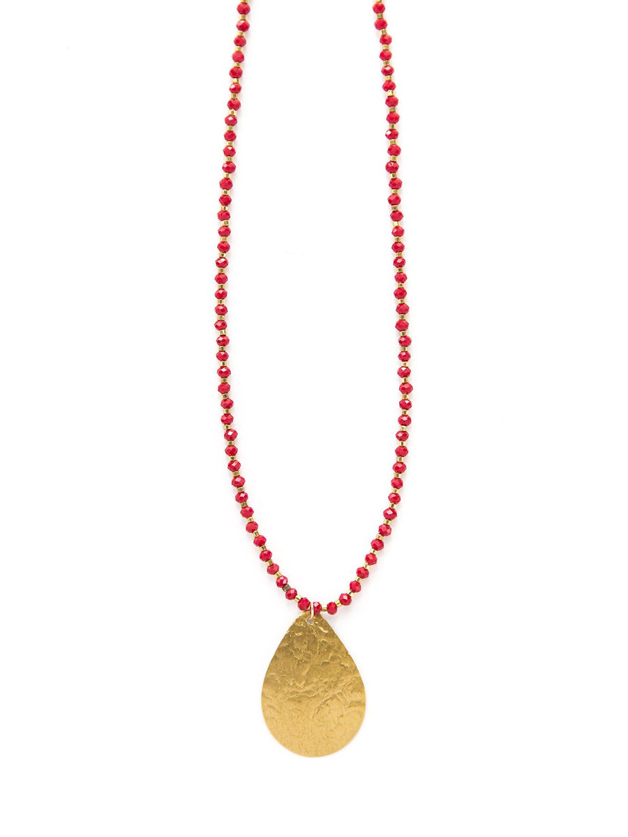 Red beaded brass pendant necklace by Fair Anita, handmade with recycled metal and glass beads