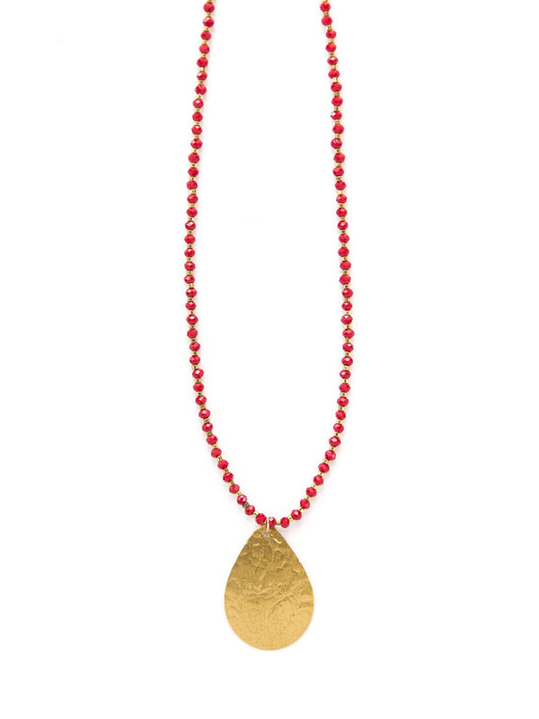 Red beaded brass pendant necklace by Fair Anita, handmade with recycled metal and glass beads