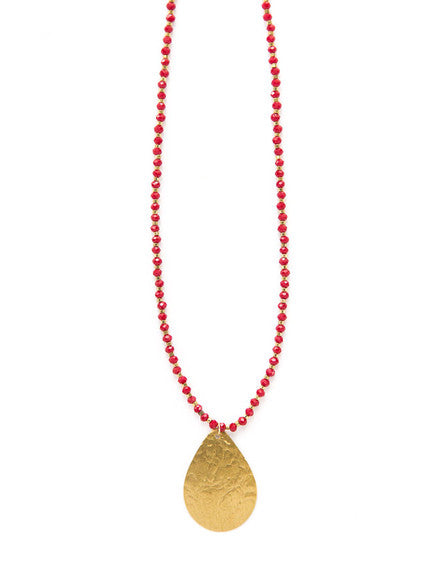 Red beaded brass pendant necklace — fair trade jewellery handmade in India