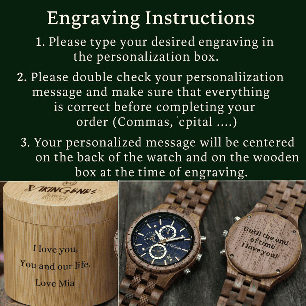 Engraving instructions for a wooden watch and box with sample text.