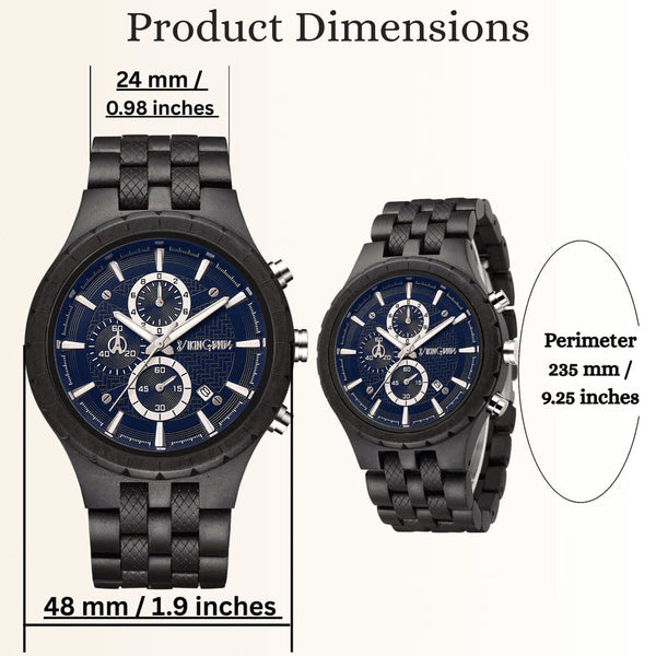 Black watch with blue face and dimensions labeled on a white background