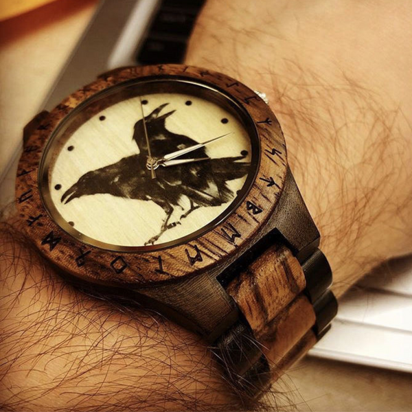 Hugin and Munin engraved wooden watch gift set with custom message engraving option