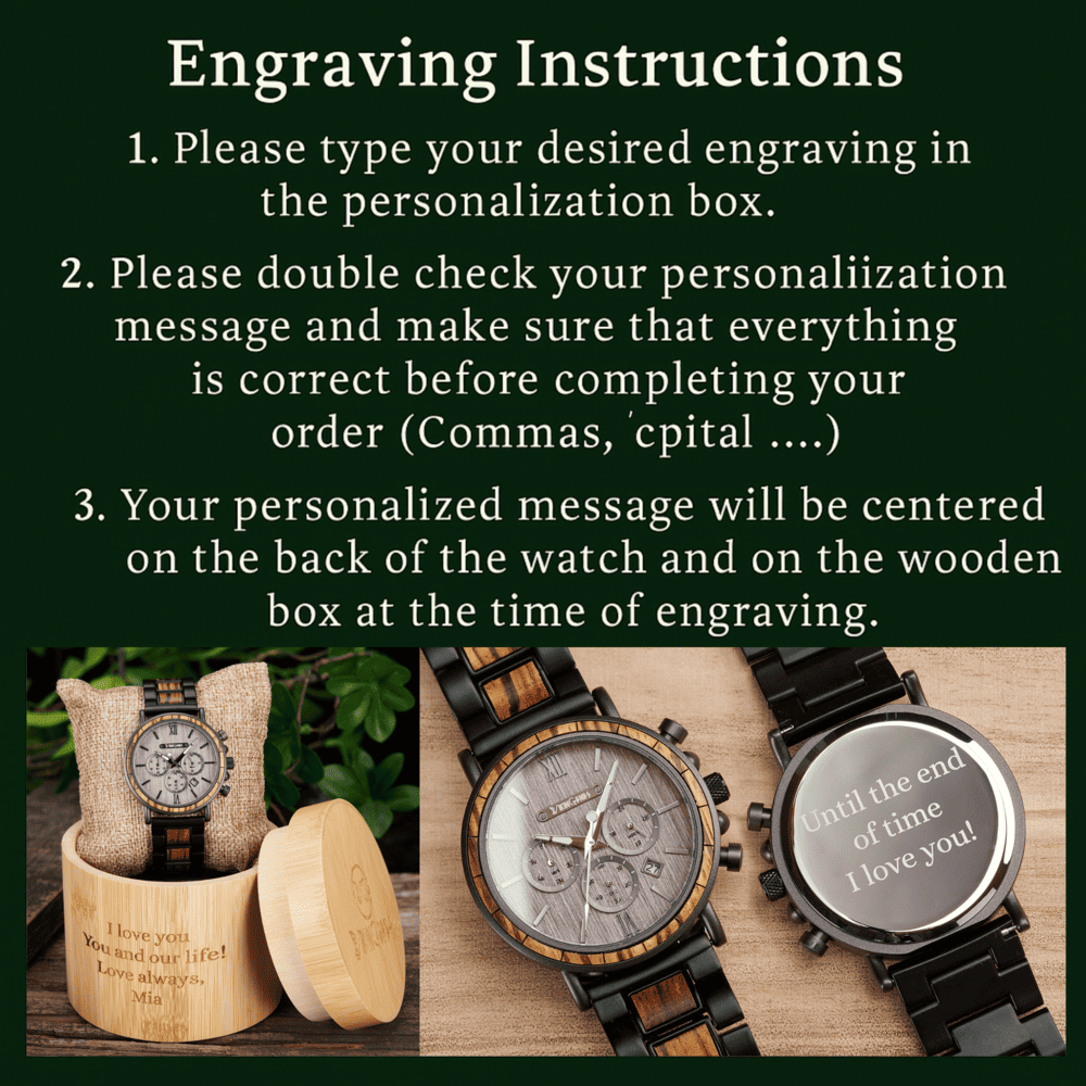 Engraving instructions for watches with examples on a dark green background