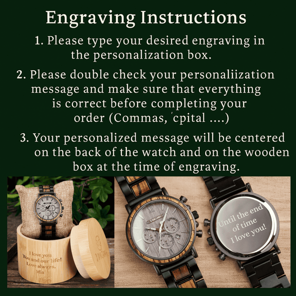 Engraving instructions for watches with examples on a dark green background