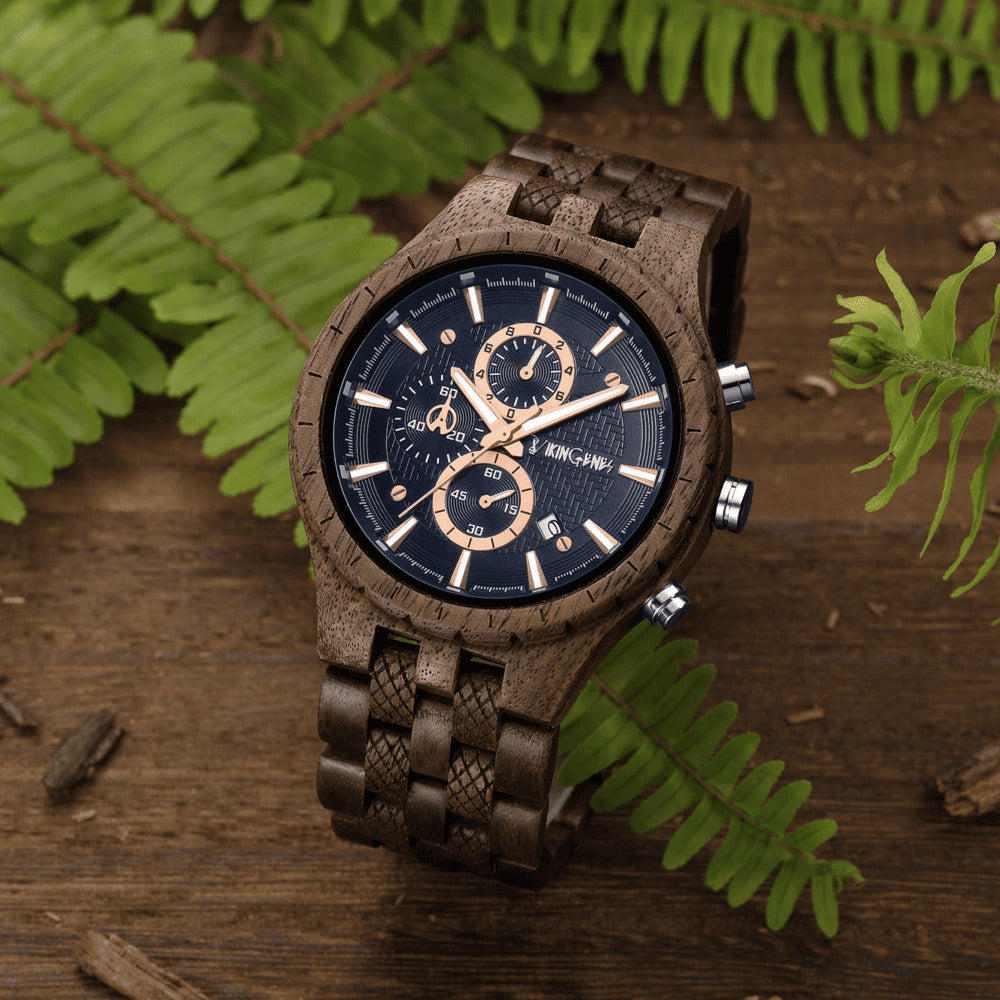 Personalised wooden watch gift set — Sydney chronograph by Vikingenes in presentation packaging