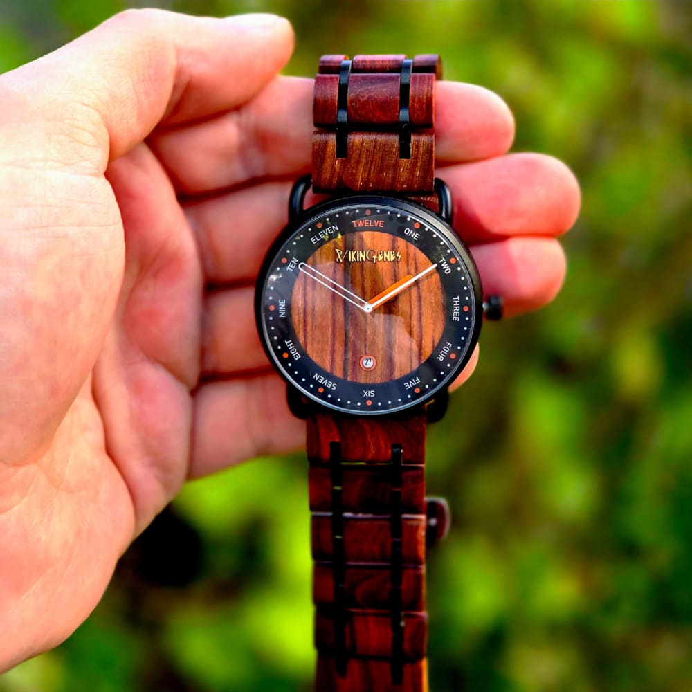 Close-up of custom engraving on the back of a personalized wooden watch