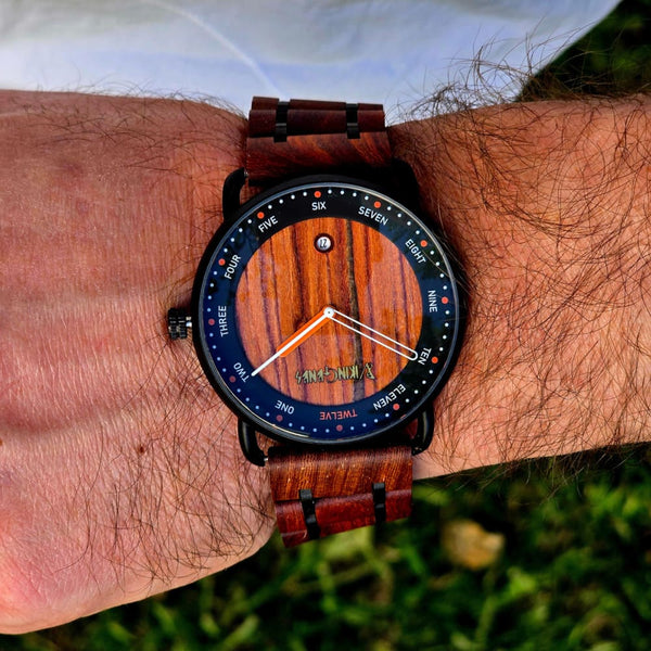Personalized wooden watch displayed in a wooden gift box, ready for gifting