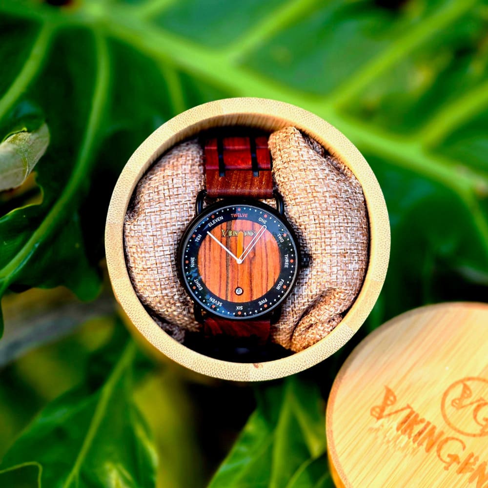 Vikingenes™ handcrafted wooden watch lifestyle shot showing natural wood grain detail