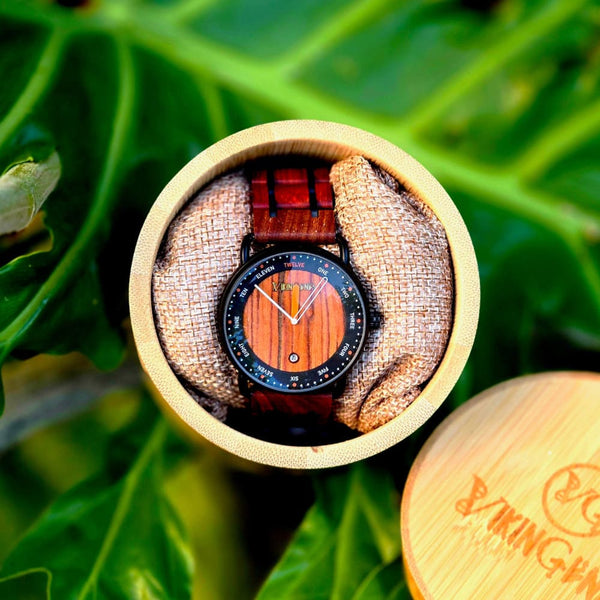 Vikingenes™ handcrafted wooden watch lifestyle shot showing natural wood grain detail