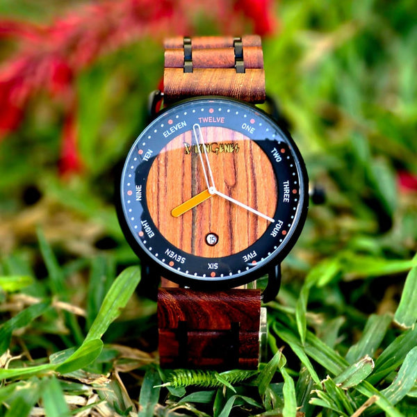 Natural wood watch with minimalist face and Japan Quartz movement — front view