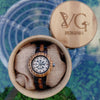 Vikingenes women's wooden watch with Vegvisir and runic alphabet engraving, shown with bamboo gift box