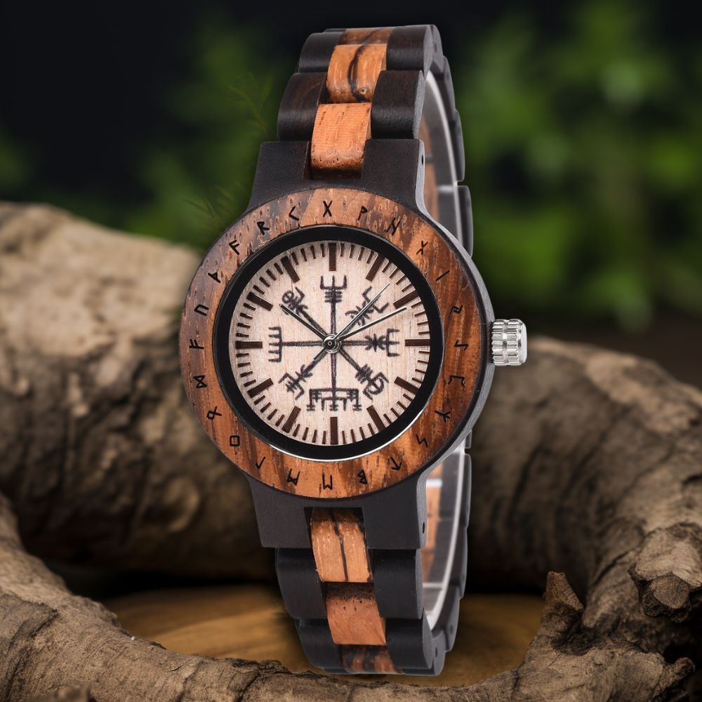 Personalized women's Vegvisir wooden watch by Vikingenes, handmade in the USA with runic circle engraving