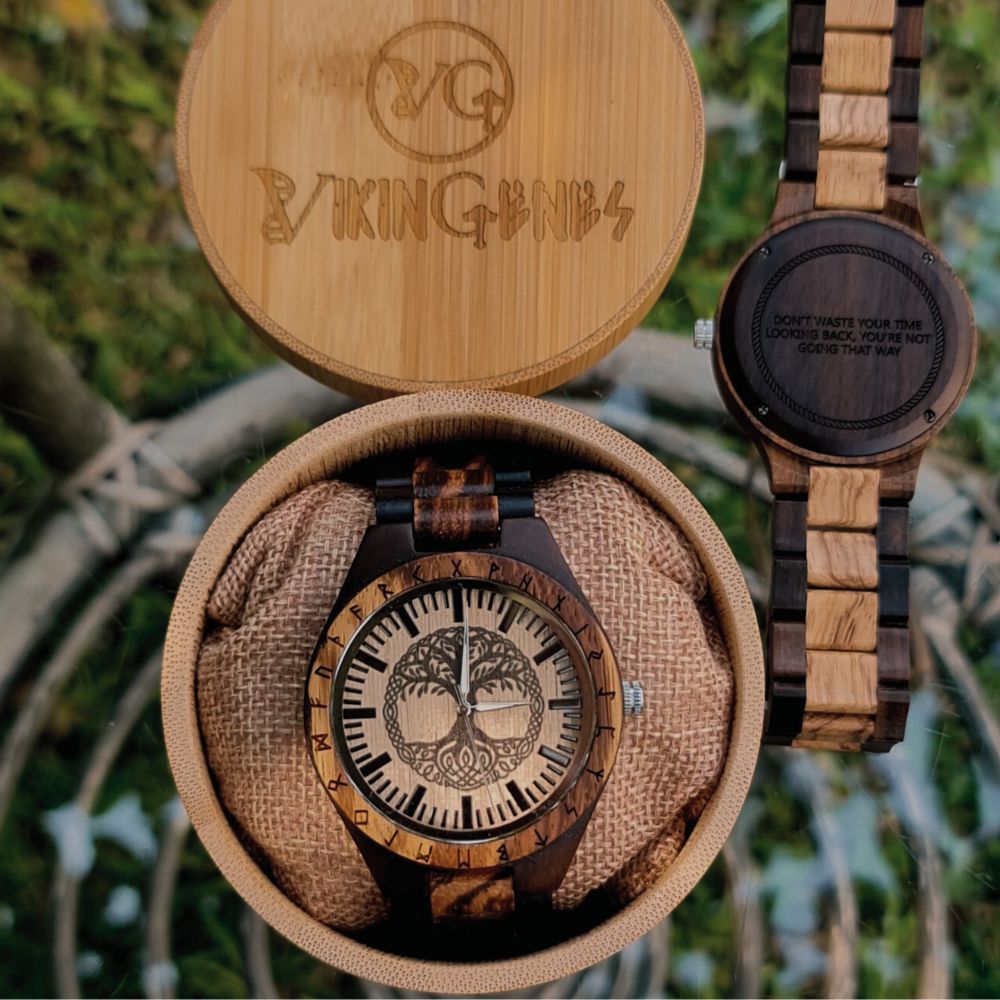 Vikingenes personalized wooden watch gift set with premium bamboo gift box and luxurious pillow