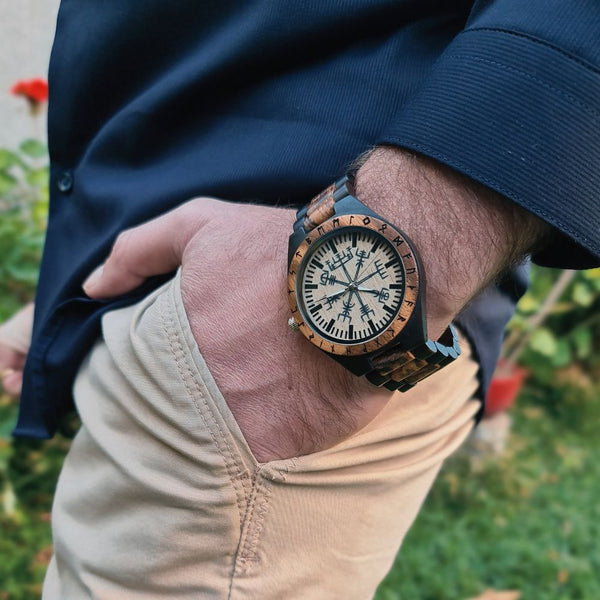 Personalized wooden Viking watch presented in premium bamboo gift box with luxurious pillow