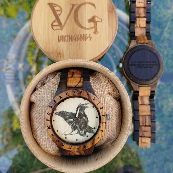 Vikingenes personalized wooden watch presented in a bamboo gift box with luxurious pillow