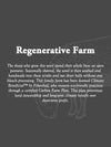 Text about a regenerative farm and sheep on a dark background