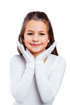 Young girl wearing white gloves against a white background. Remedywear kids eczema gloves with TENCEL & zinc oxide — dermatologist recommended, Oeko-Tex certified & made in Portugal. Soothe itchy skin day & night. Shop now.