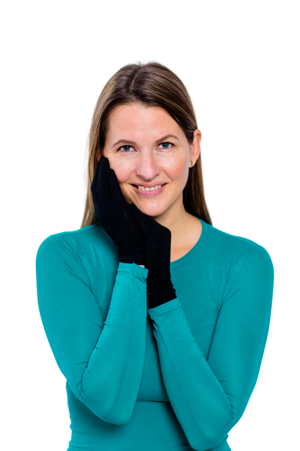 Woman wearing a teal sweater and black gloves on a white background. Remedywear adult eczema & psoriasis gloves with TENCEL & zinc oxide — dermatologist recommended, Oeko-Tex certified & made in Portugal. Heal dry, itchy hands. Shop now.