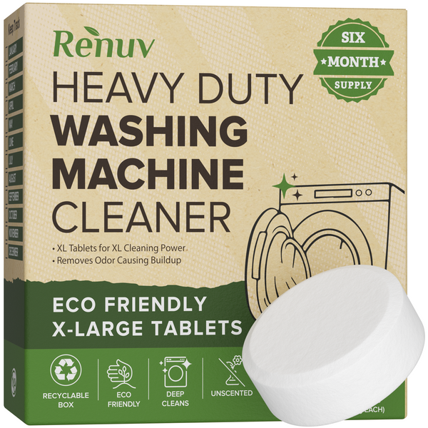 Renuv Washing Machine Cleaner Descaler Tablets 6-pack hero shot for front and top load washers