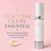 Nighttime Glow Essential skincare cream bottle on a soft pink background with gold and dark gray text and a cream smear.