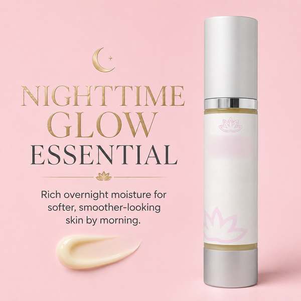 Nighttime Glow Essential skincare cream bottle on a soft pink background with gold and dark gray text and a cream smear.