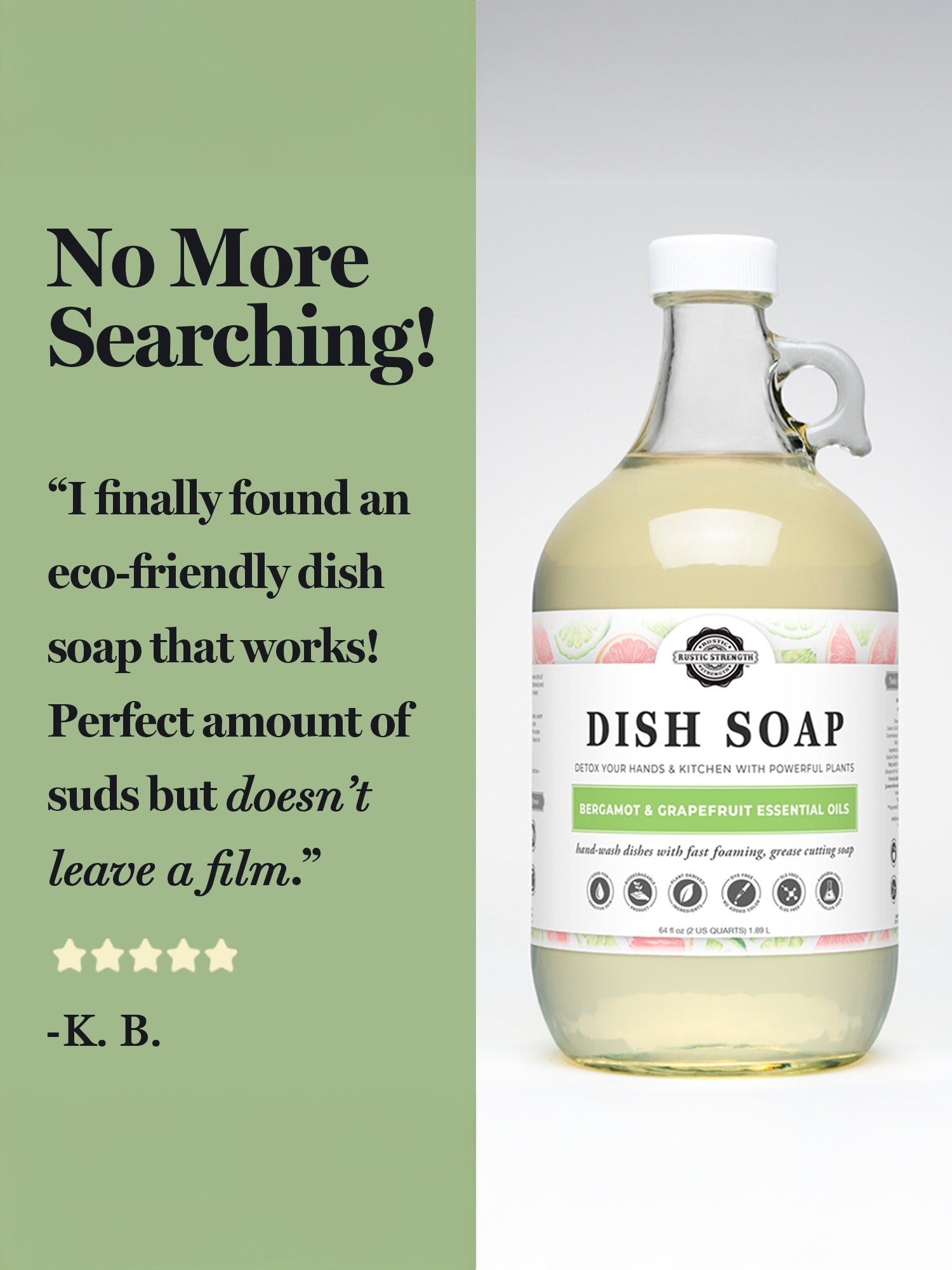 Bottle of dish soap with a label on a gray background, featuring a five-star rating and customer review.