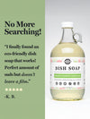 Bottle of dish soap with a label on a gray background, featuring a five-star rating and customer review.