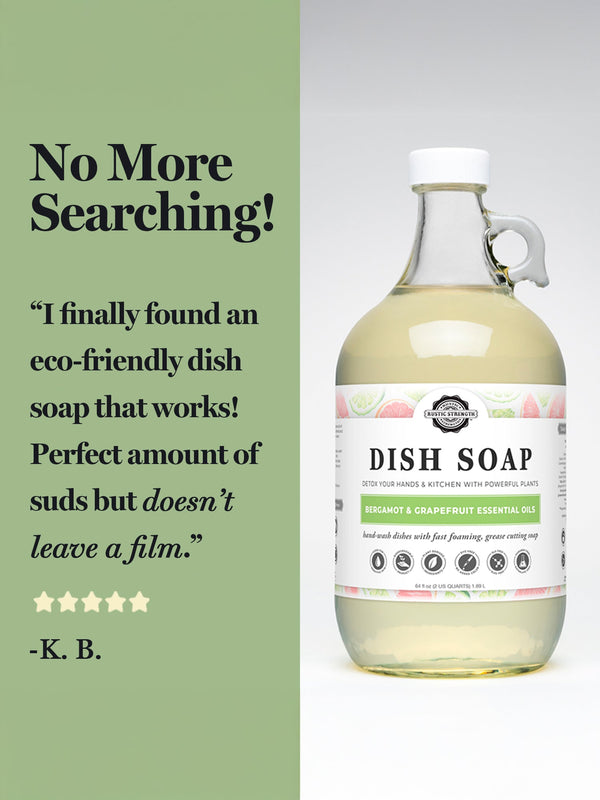 Bottle of dish soap with a label on a gray background, featuring a five-star rating and customer review.