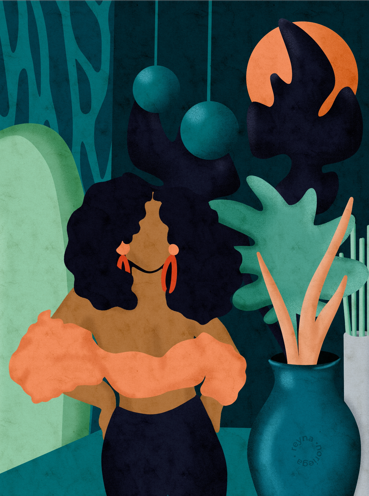 Illustration of a woman with large hair in a stylized setting with plants and abstract shapes.