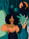 Illustration of a woman with large hair in a stylized setting with plants and abstract shapes.