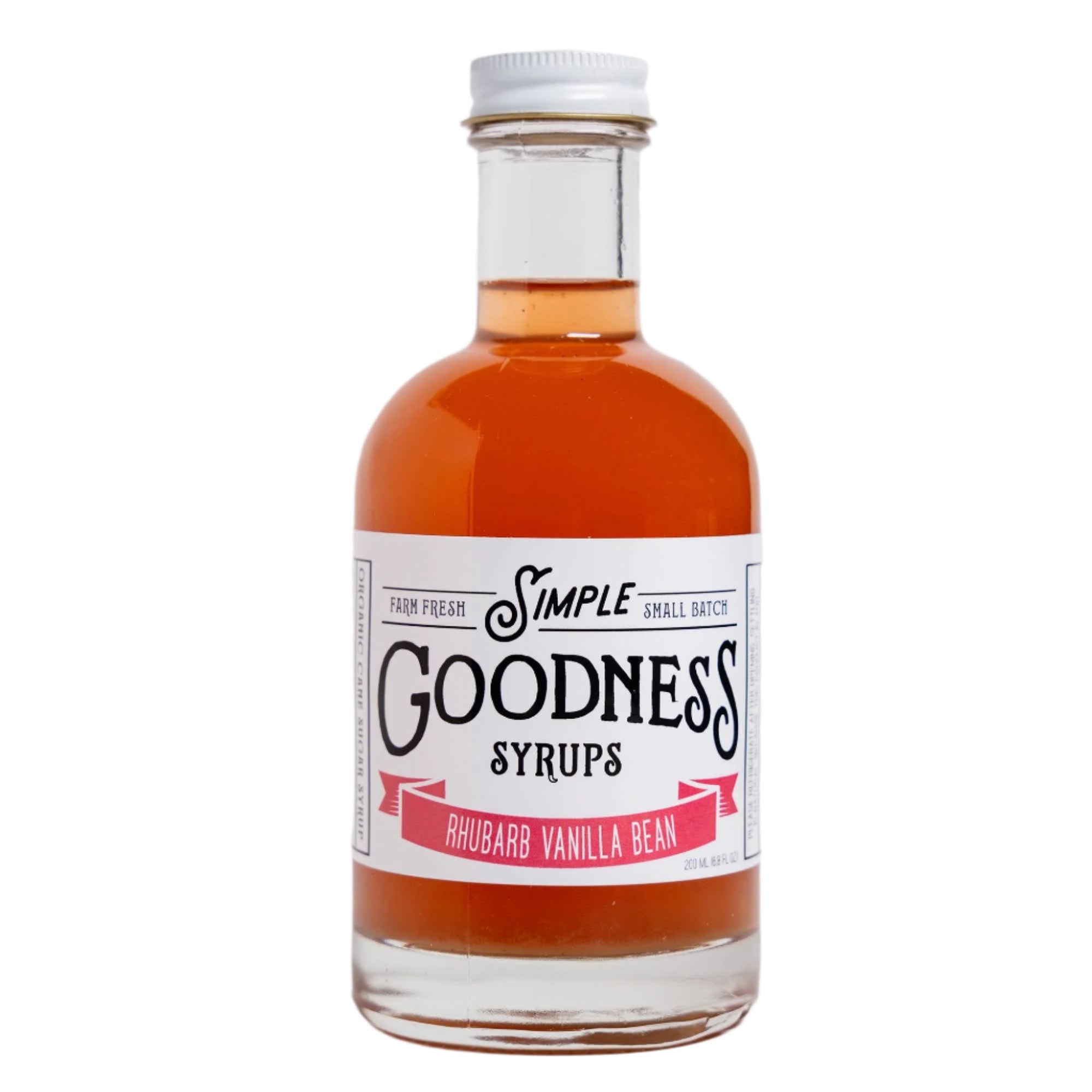 Bottle of Simple Goodness Syrups with rhubarb vanilla bean flavor on a white background