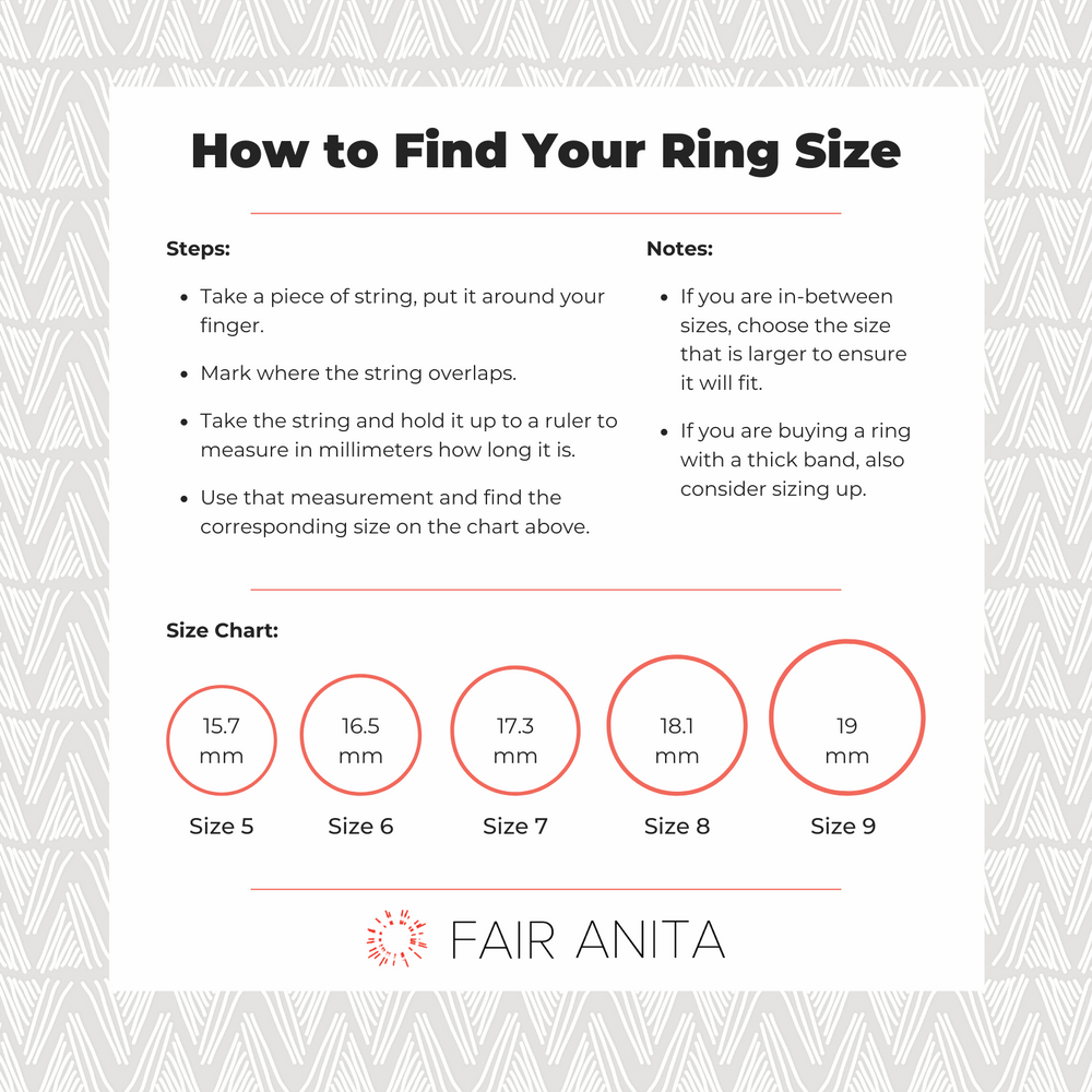Ring size guide for Fair Anita Almond Black Rutile Quartz Ring — sizes 7, 8, 9