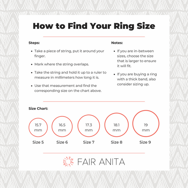 Ring size guide for Fair Anita Almond Black Rutile Quartz Ring — sizes 7, 8, 9