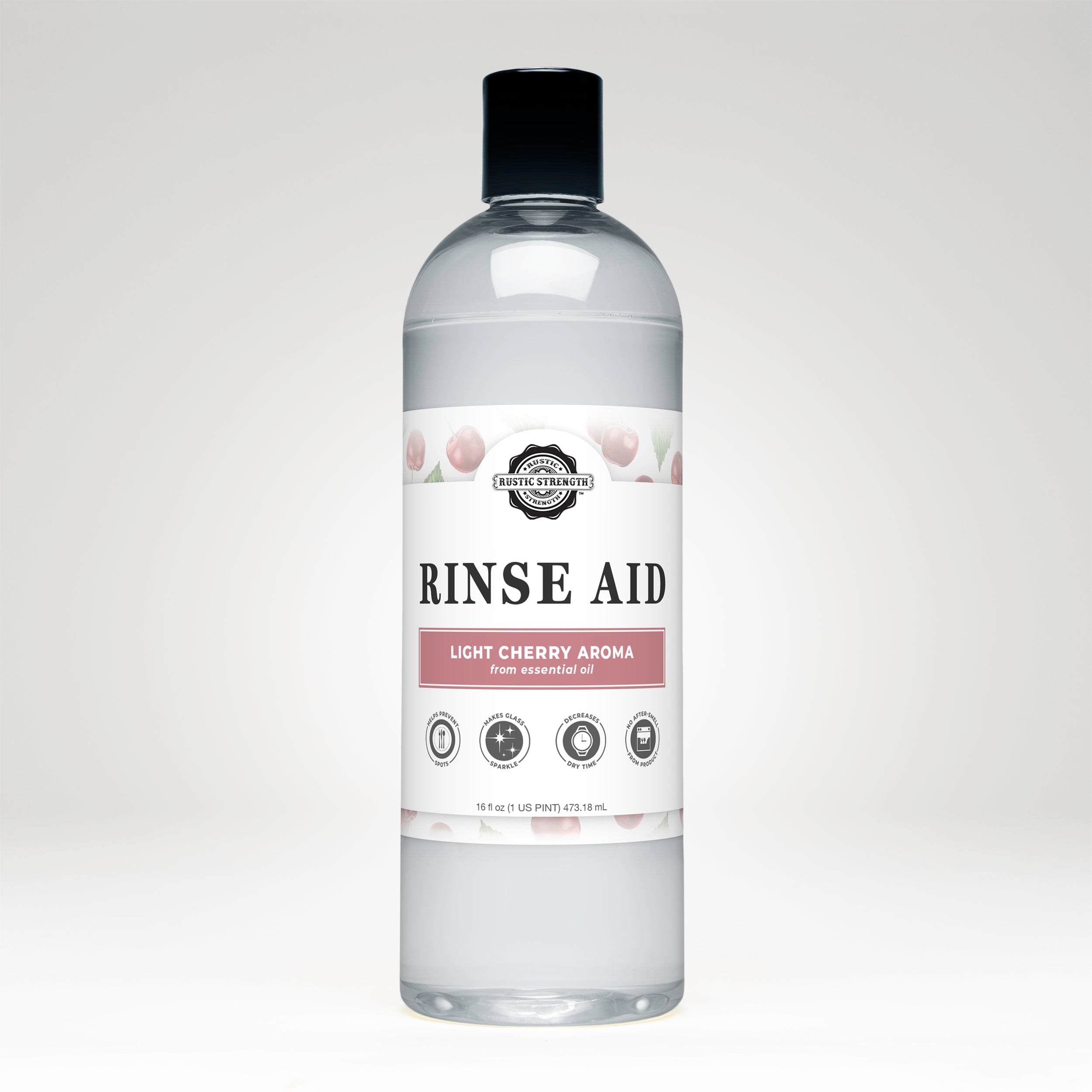 Rustic Strength Natural Rinse Aid Light Cherry 16 oz bottle for automatic dishwashers