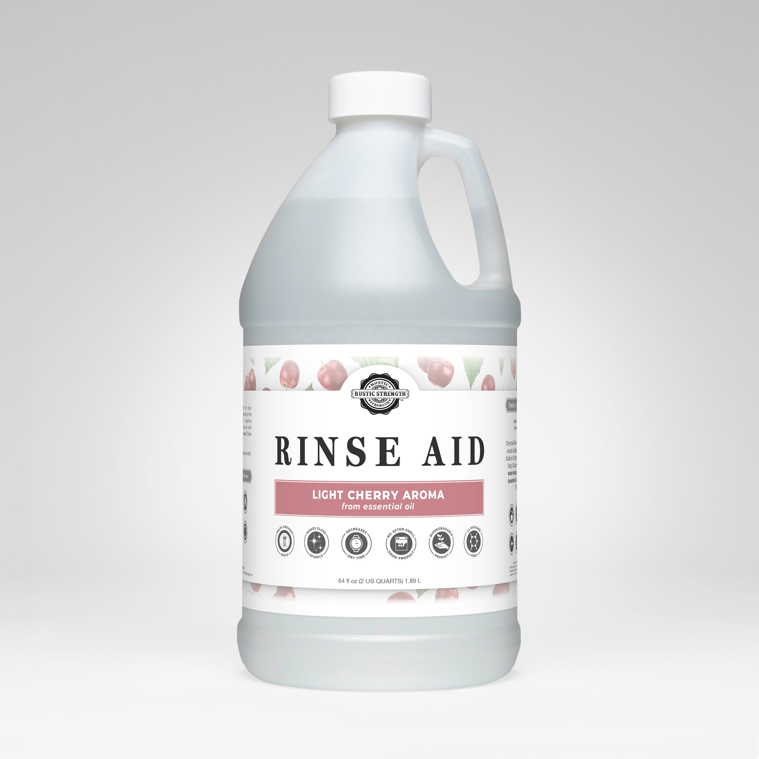 Rustic Strength Rinse Aid Light Cherry half-gallon – biodegradable, streak-free dishwasher rinse aid