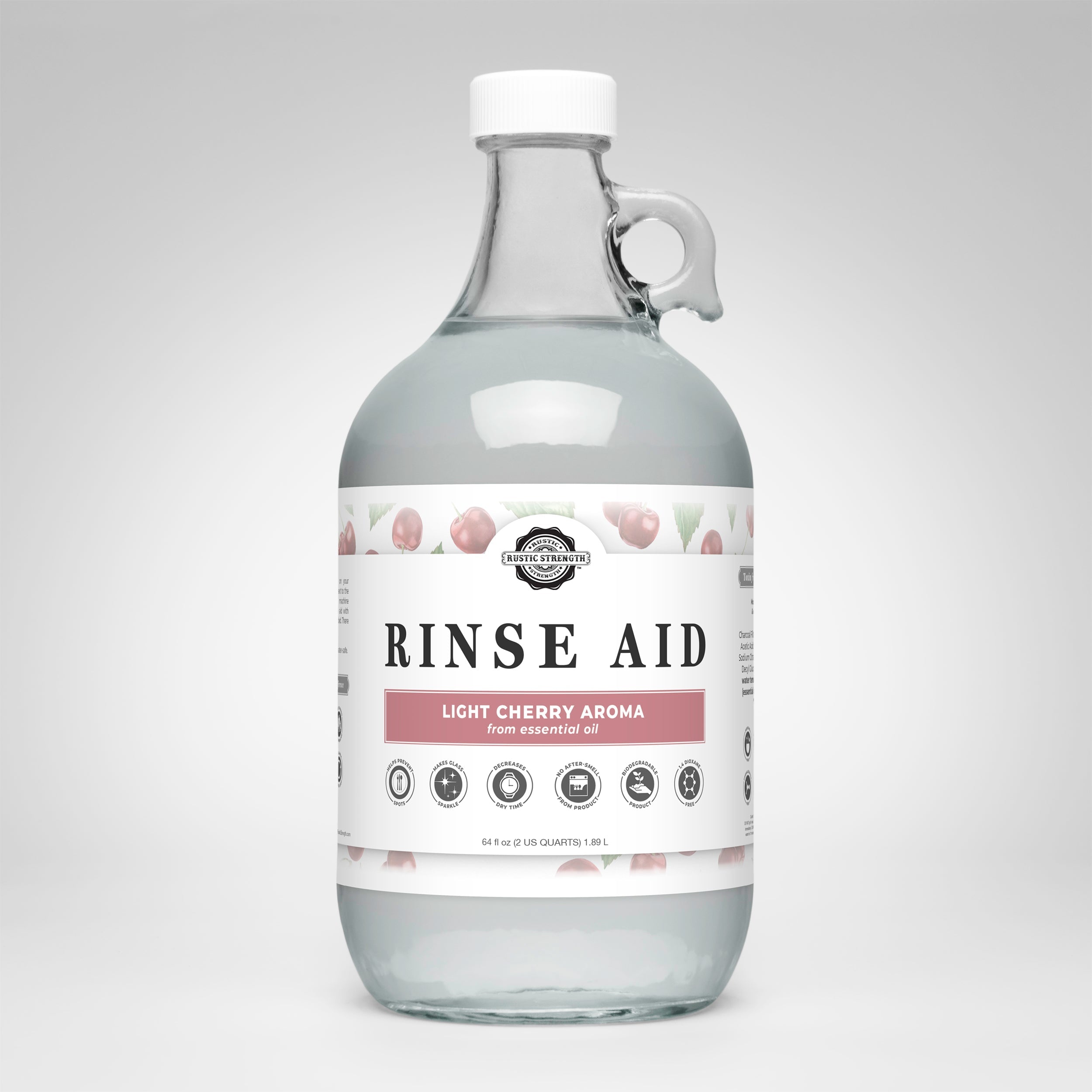 Rustic Strength Natural Rinse Aid Light Cherry half-gallon bottle – plant-based dishwasher rinse aid