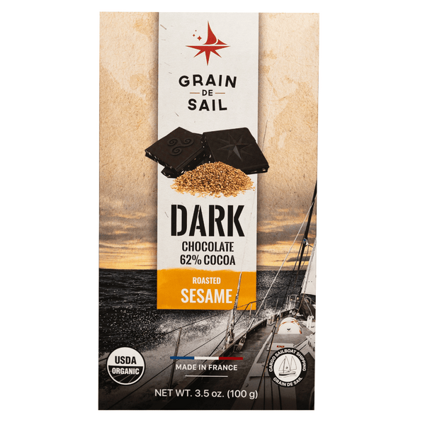 Grain de Sel Dark Chocolate with Toasted Sesame (62% Cocoa) - Organic, Fair Trade & Sail-Shipped! Classic dark chocolate with a nutty twist. Organic ingredients & sustainable practices.