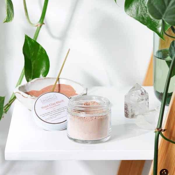 Butter Me Up Organics Rose Clay Face Mask powder in a 2oz glass jar