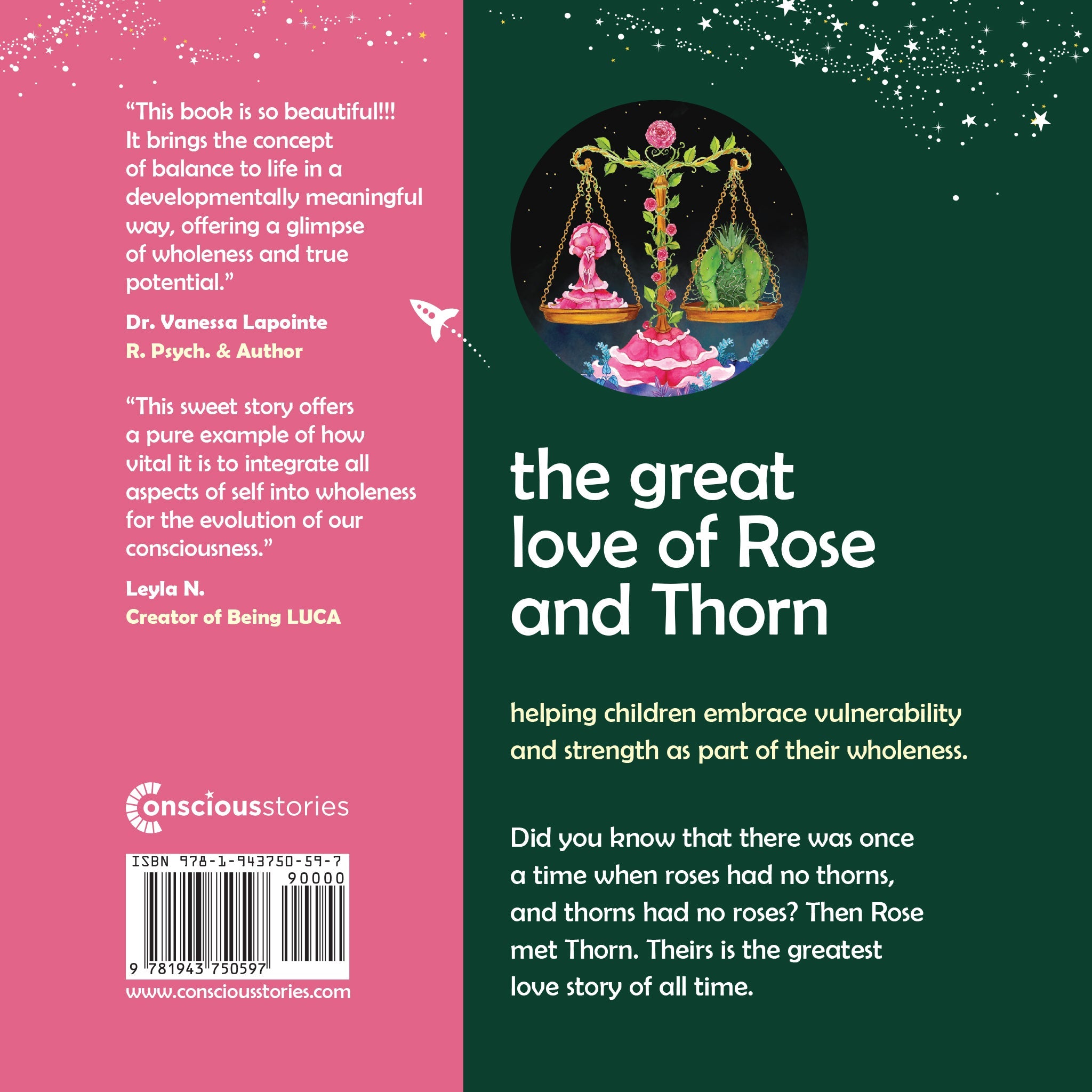 Back cover of The Great Love of Rose and Thorn kids' book about balance and wholeness