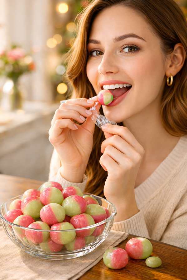 Close-up of Andy Anand Rosy Apple sugar free boiled sweets showing smooth handcrafted texture
