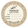 Label for homemade vanilla extract with decorative border and vanilla bean illustration.