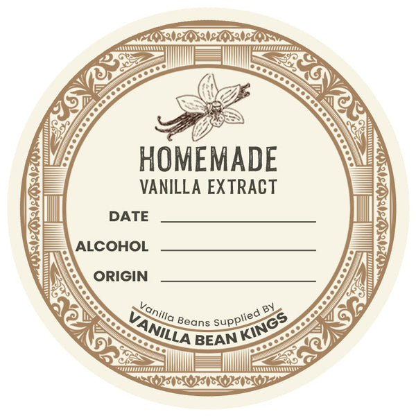Label for homemade vanilla extract with decorative border and vanilla bean illustration.