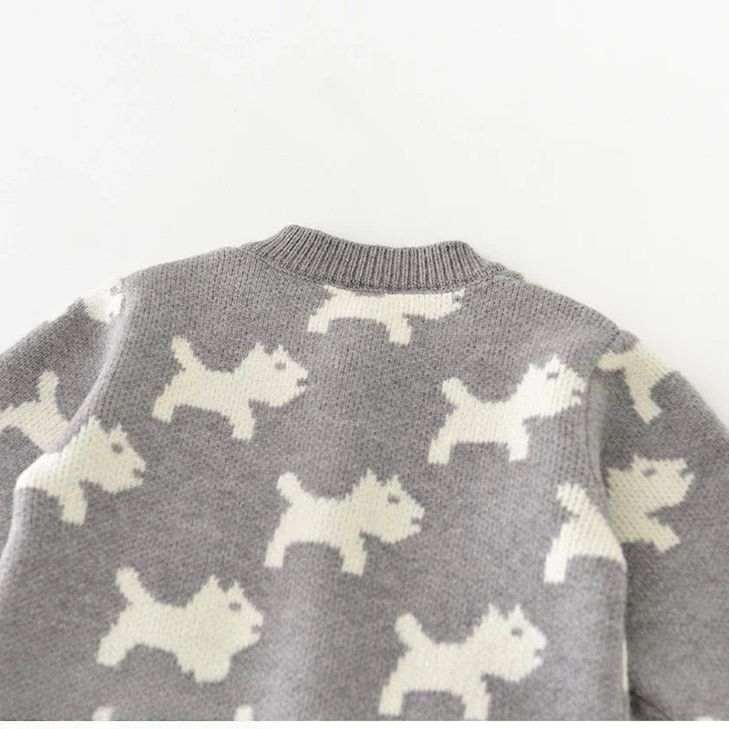 Knitted Puppy Dog Jumpsuit laid flat showing full puppy design