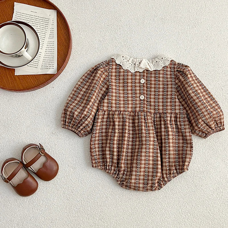 Lace Collar Checkered Romper styled for a gift-ready presentation