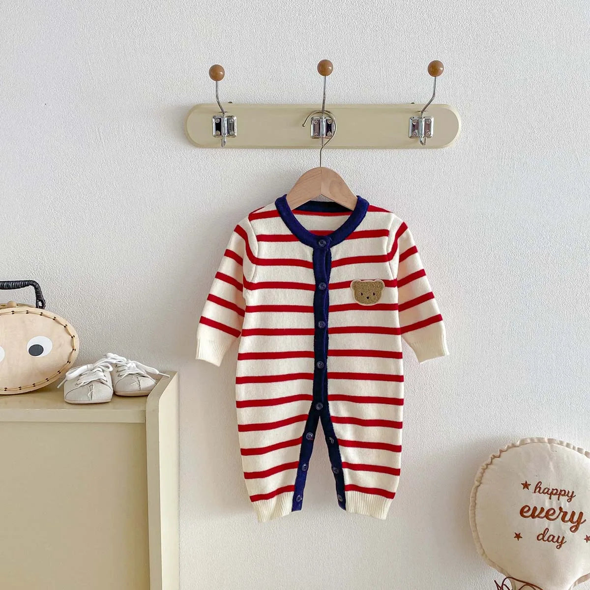 Knitted Striped Bear Jumpsuit laid flat showing full design