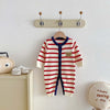 Knitted Striped Bear Jumpsuit laid flat showing full design