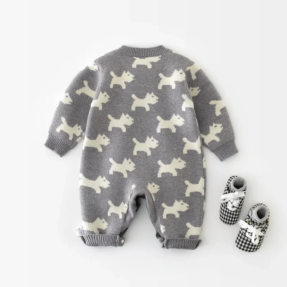 Baby wearing the Knitted Puppy Dog Jumpsuit from Ryan and Remi